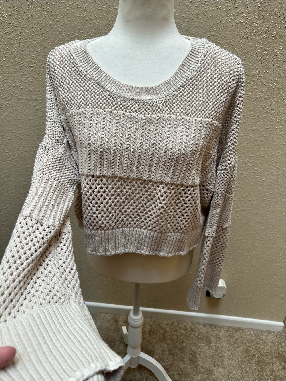 Women Sz L Beige Cream Open-Knit Oversized Drop Shoulder Sweater Coastal Neutral